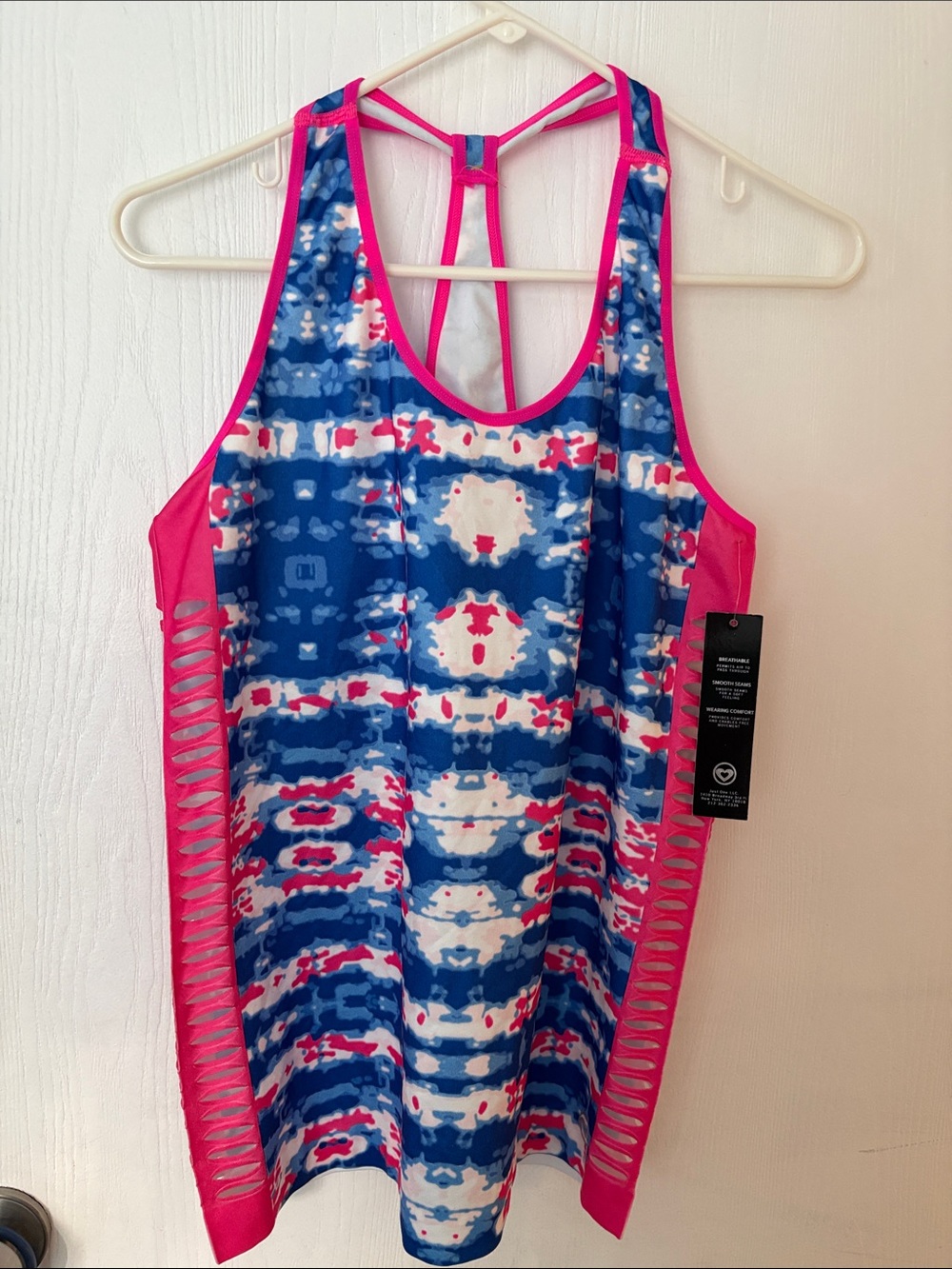 Women’s Sleeveless Blue & Hot Pink Patterned Tank with Cutout Sides